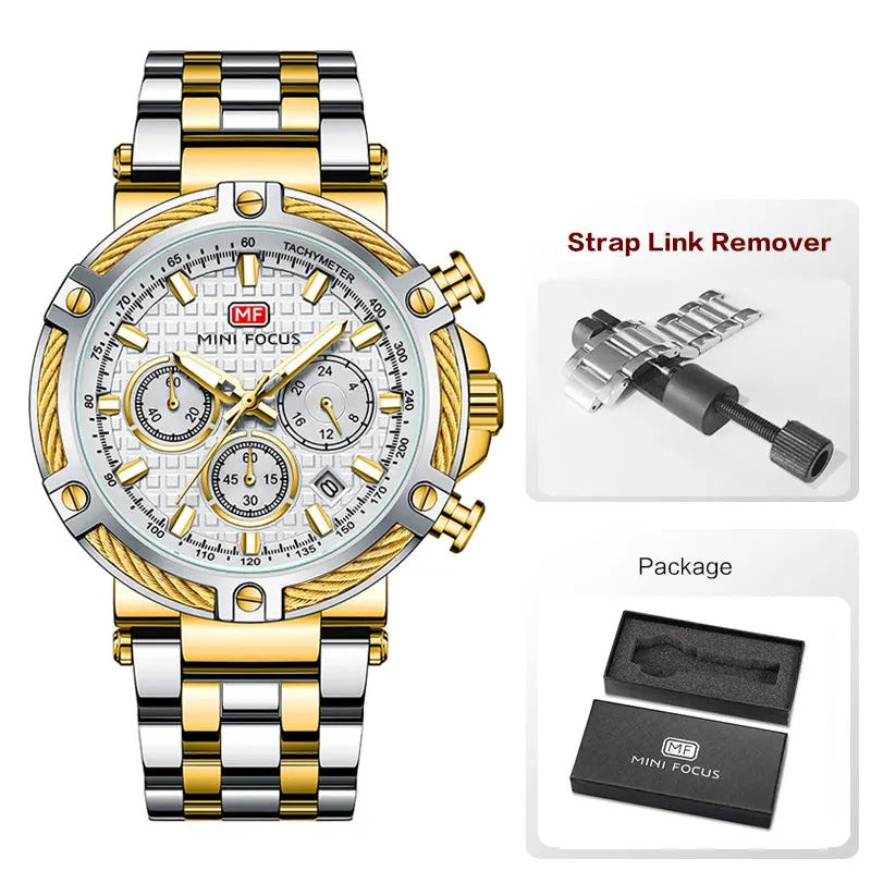 MINI FOCUS Analog Quartz Dress Watch Men Silver Blue Stainless Steel Band Chronograph Luminous Wristwatch with Date 24-hour 0470