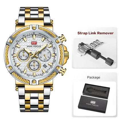 MINI FOCUS Analog Quartz Dress Watch Men Silver Blue Stainless Steel Band Chronograph Luminous Wristwatch with Date 24-hour 0470