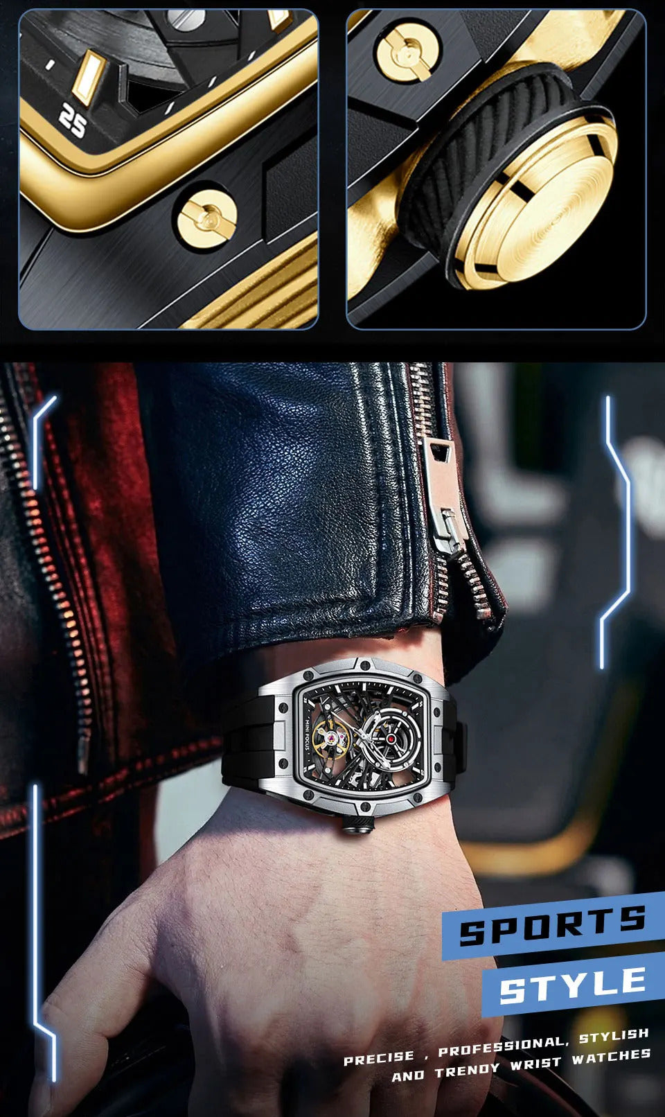 MINI FOCUS Men Wristwatch Fashion Black Waterproof Automatic Mechanical Watch with Luminous Hands Silicone Strap Tonneau Dial
