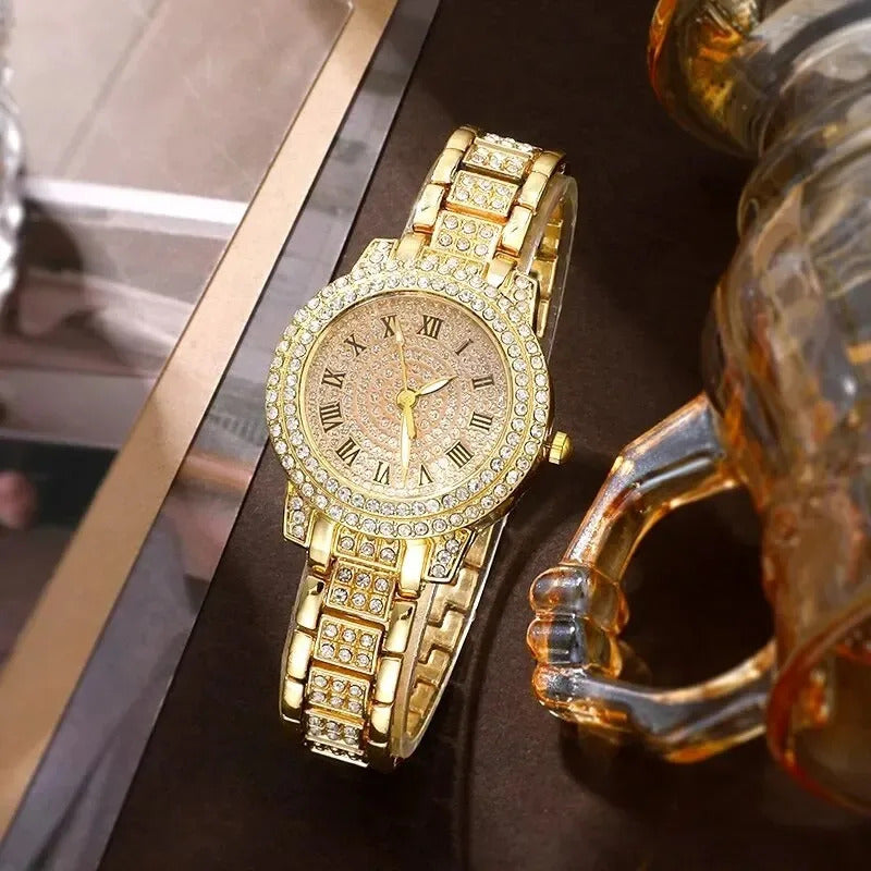 6 Pack Women's Watches Luxury Elegant Alloy Watches Women Crystal Watch Gift Quartz Watch Alloy Rhinestone Bracelet Montre