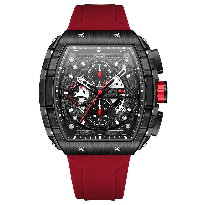 MINI FOCUS Sport Chronograph Quartz Watch for Men Fashion Blue Silicone Strap Tonneau Dial Wristwatch with Date 3atm Waterproof