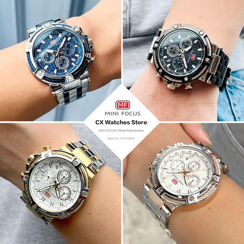 MINI FOCUS Analog Quartz Dress Watch Men Silver Blue Stainless Steel Band Chronograph Luminous Wristwatch with Date 24-hour 0470
