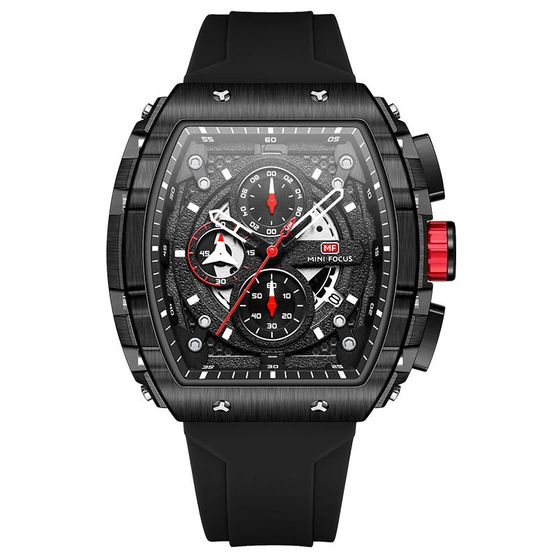 MINI FOCUS Sport Chronograph Quartz Watch for Men Fashion Blue Silicone Strap Tonneau Dial Wristwatch with Date 3atm Waterproof