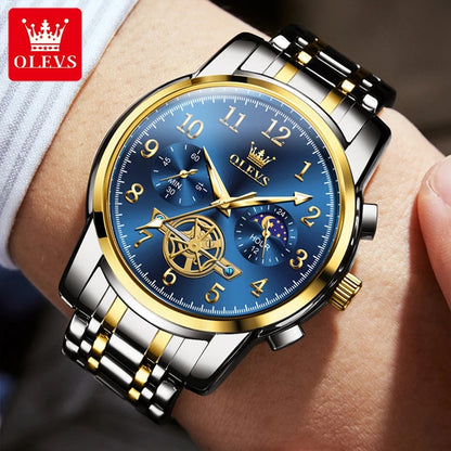 OLEVS 2900 Moon Phase Watch Men Stainless Steel Waterpoof Luminous  Fashion Skeleton Chronograph Quartz Wrist Watch for Men NEW