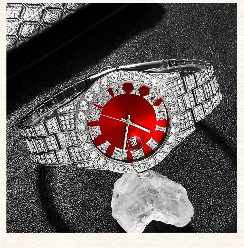 Fashion rhinestone watch hip hop 14mm claw cuban chain rapper cuban necklace set men and women punk party gift