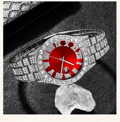 Fashion rhinestone watch hip hop 14mm claw cuban chain rapper cuban necklace set men and women punk party gift