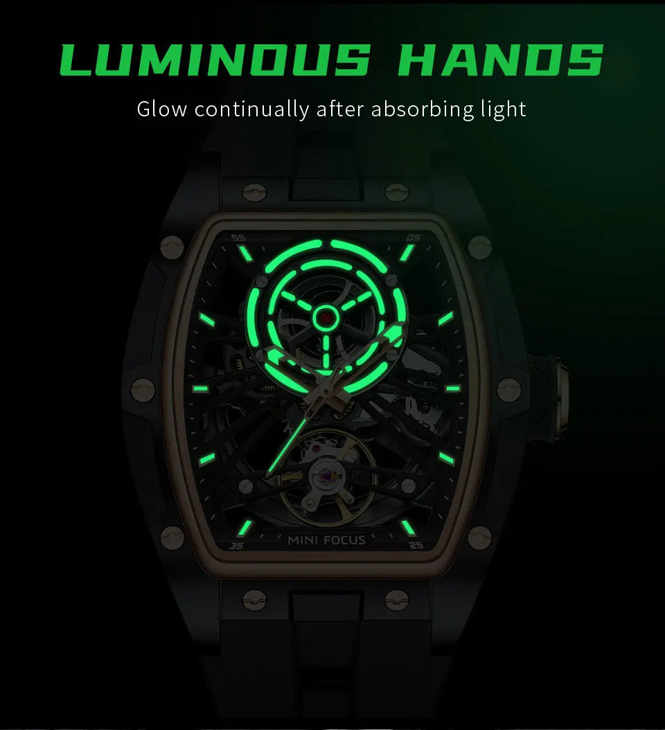 MINI FOCUS Men Wristwatch Fashion Black Waterproof Automatic Mechanical Watch with Luminous Hands Silicone Strap Tonneau Dial