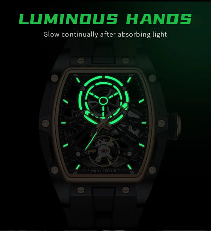 MINI FOCUS Men Wristwatch Fashion Black Waterproof Automatic Mechanical Watch with Luminous Hands Silicone Strap Tonneau Dial