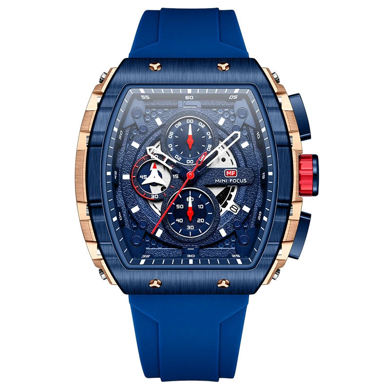 MINI FOCUS Sport Chronograph Quartz Watch for Men Fashion Blue Silicone Strap Tonneau Dial Wristwatch with Date 3atm Waterproof