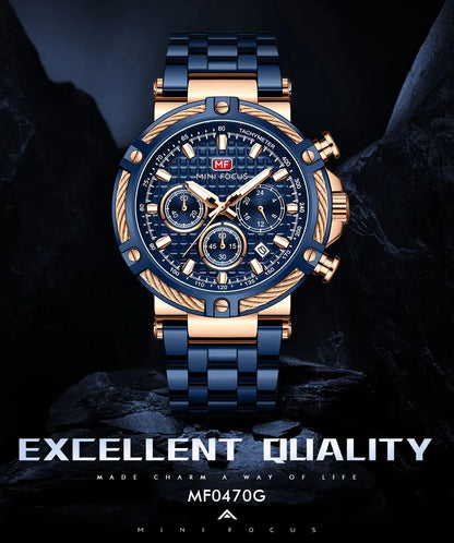 MINI FOCUS Analog Quartz Dress Watch Men Silver Blue Stainless Steel Band Chronograph Luminous Wristwatch with Date 24-hour 0470