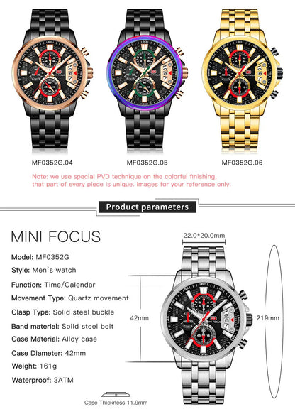 MINI FOCUS Chronograph Quartz Watch for Men with Stainless Steel Bracelet Luxury Sport Analog Wristwatch with Date Black Purple