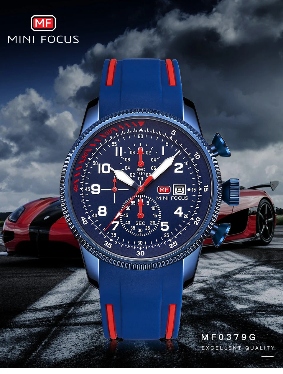 MINI FOCUS Sport Quartz Watch for Men Fashion Waterproof Chronograph Wristwatch with Blue Silicone Strap Auto Date Luminous 0379