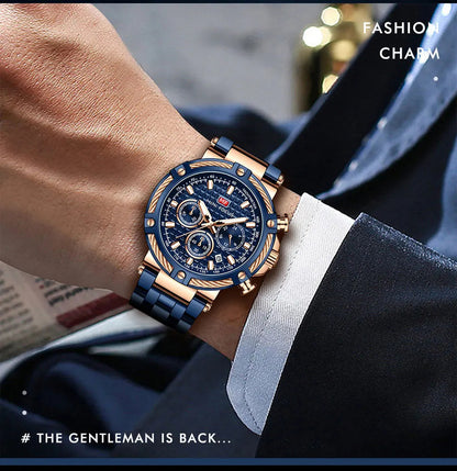 MINI FOCUS Analog Quartz Dress Watch Men Silver Blue Stainless Steel Band Chronograph Luminous Wristwatch with Date 24-hour 0470