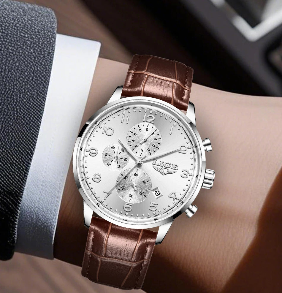 LIGE New Mens Watches Top Brand Luxury Military Quartz Watch For Men Fashion Leather Sports Waterproof Chronograph Reloj Hombre