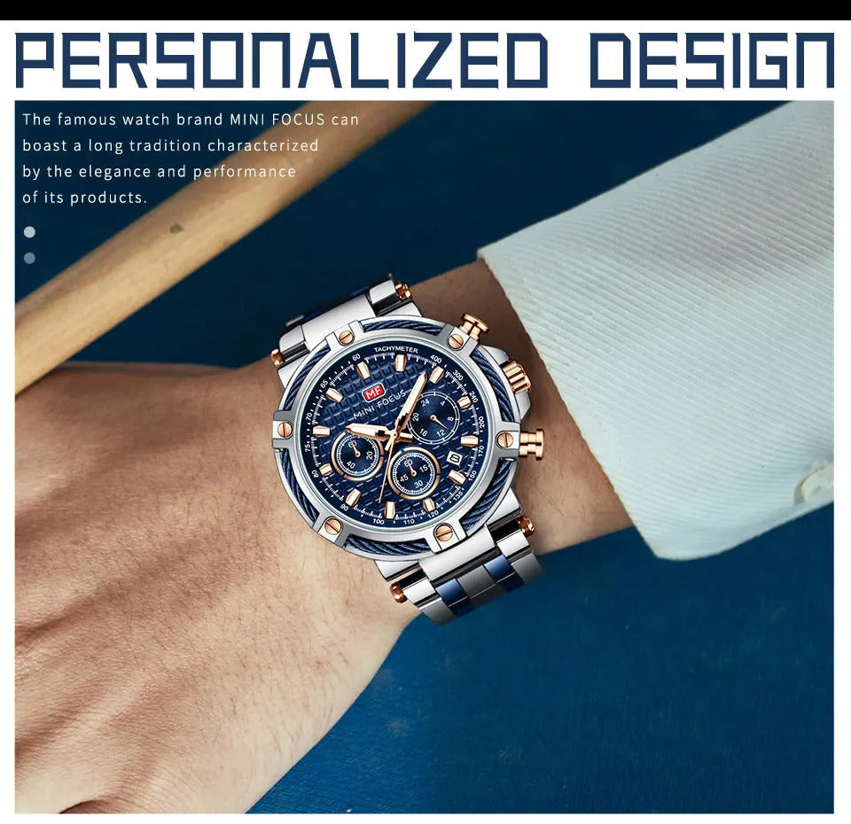 MINI FOCUS Analog Quartz Dress Watch Men Silver Blue Stainless Steel Band Chronograph Luminous Wristwatch with Date 24-hour 0470