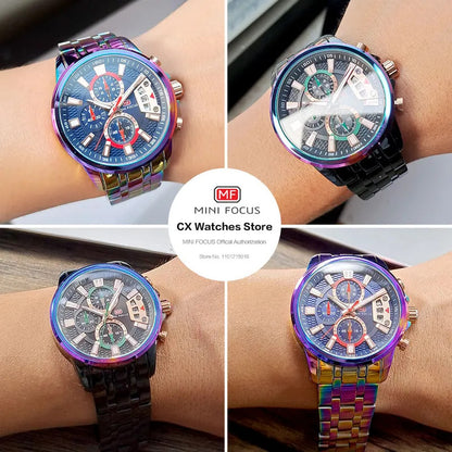 MINI FOCUS Chronograph Quartz Watch for Men with Stainless Steel Bracelet Luxury Sport Analog Wristwatch with Date Black Purple