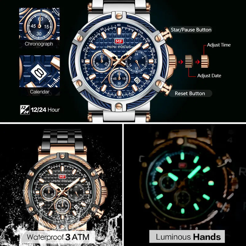 MINI FOCUS Analog Quartz Dress Watch Men Silver Blue Stainless Steel Band Chronograph Luminous Wristwatch with Date 24-hour 0470