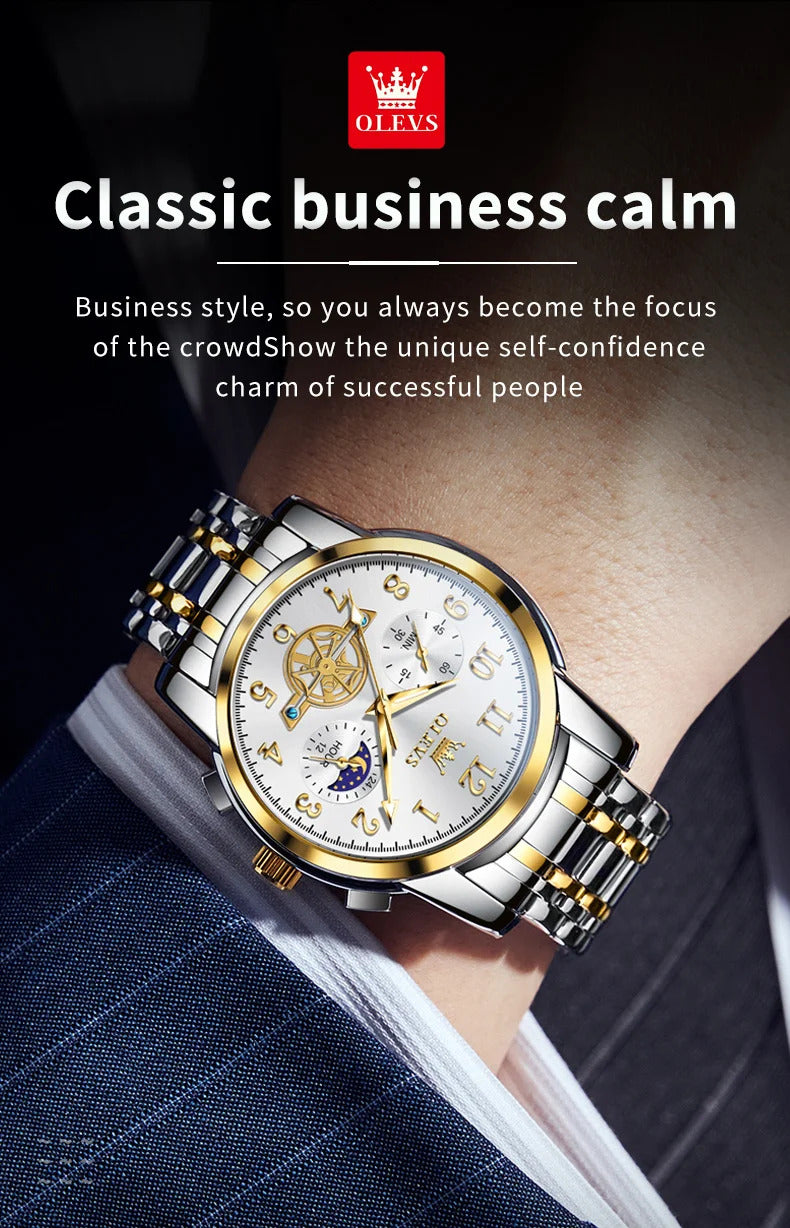 OLEVS 2900 Moon Phase Watch Men Stainless Steel Waterpoof Luminous  Fashion Skeleton Chronograph Quartz Wrist Watch for Men NEW