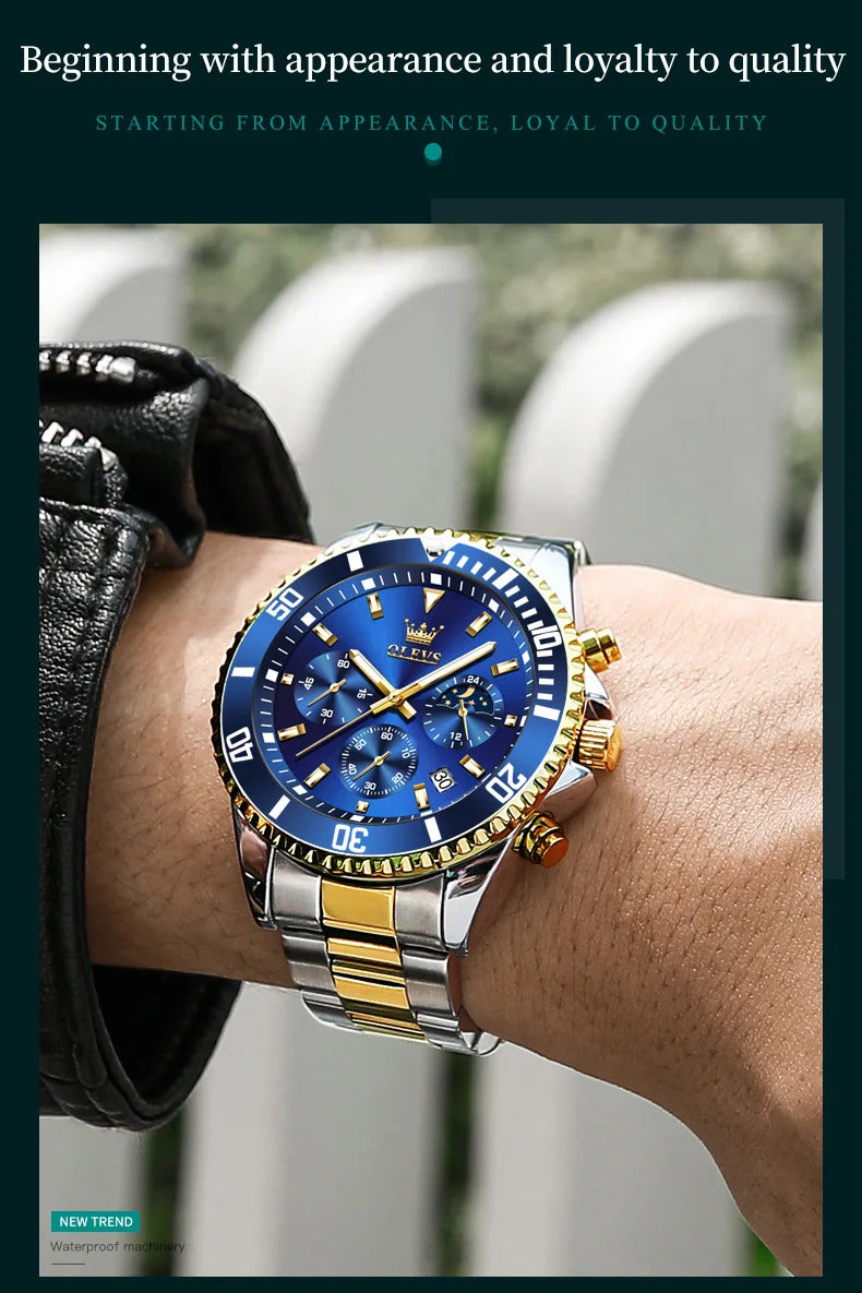 OLEVS Men's Watches Top Brand Luxury Watch for Men Original Waterproof Stainless Steel Chronograph Moon Phase Date Rota Dial
