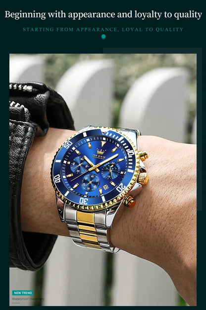 OLEVS Men's Watches Top Brand Luxury Watch for Men Original Waterproof Stainless Steel Chronograph Moon Phase Date Rota Dial