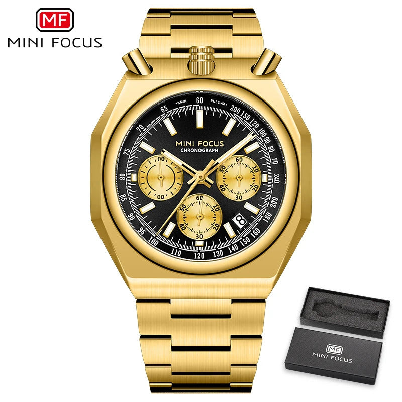 MINI FOCUS Fashion Multifunctional Quartz Watch for Men Calendar Luminous Luxury Stainless Steel Strap Bull Head Mens Watches