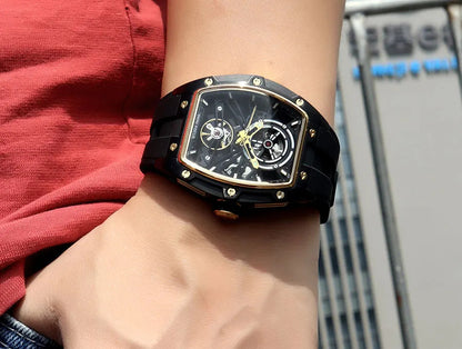 MINI FOCUS Men Wristwatch Fashion Black Waterproof Automatic Mechanical Watch with Luminous Hands Silicone Strap Tonneau Dial