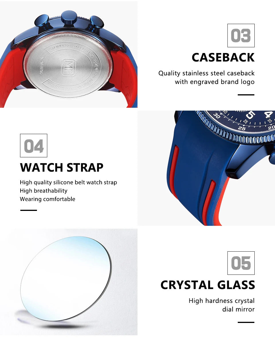 MINI FOCUS Sport Quartz Watch for Men Fashion Waterproof Chronograph Wristwatch with Blue Silicone Strap Auto Date Luminous 0379
