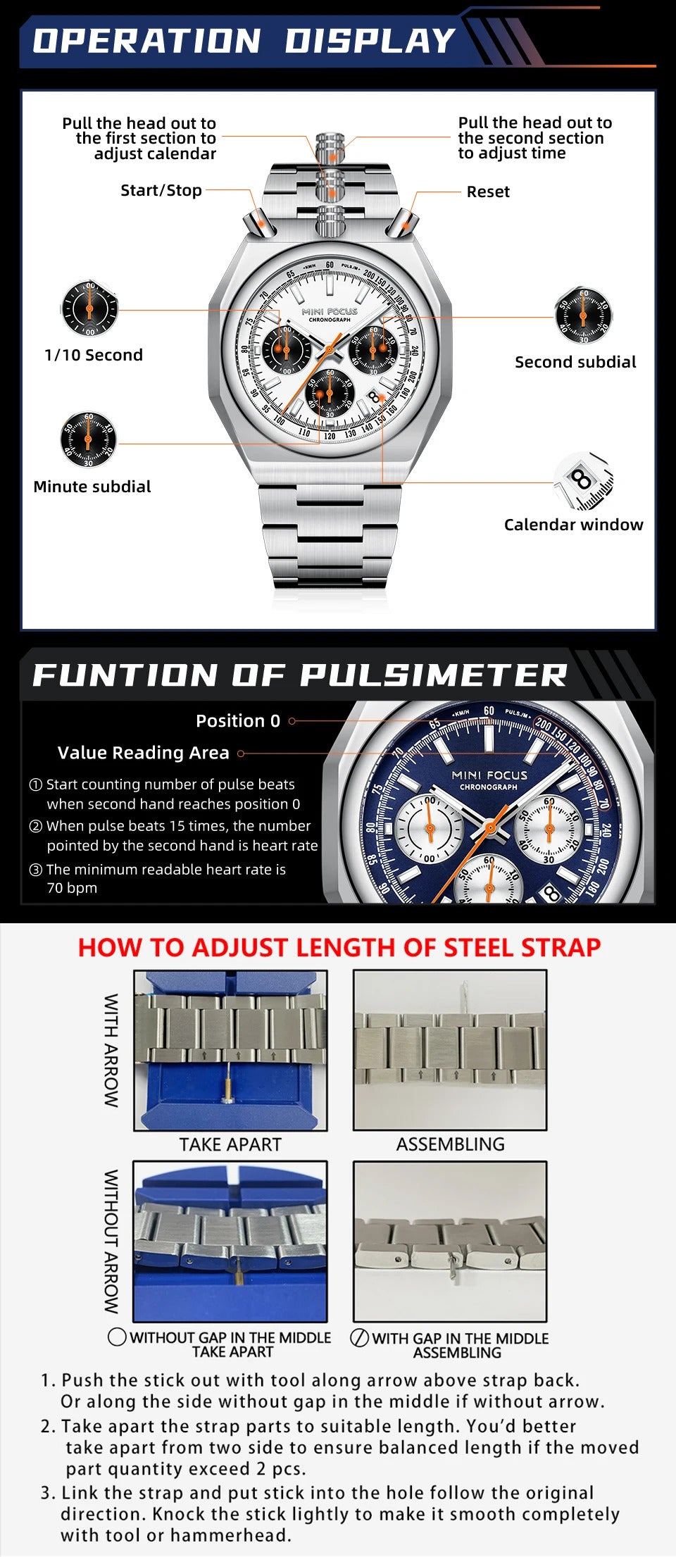 MINI FOCUS Fashion Multifunctional Quartz Watch for Men Calendar Luminous Luxury Stainless Steel Strap Bull Head Mens Watches