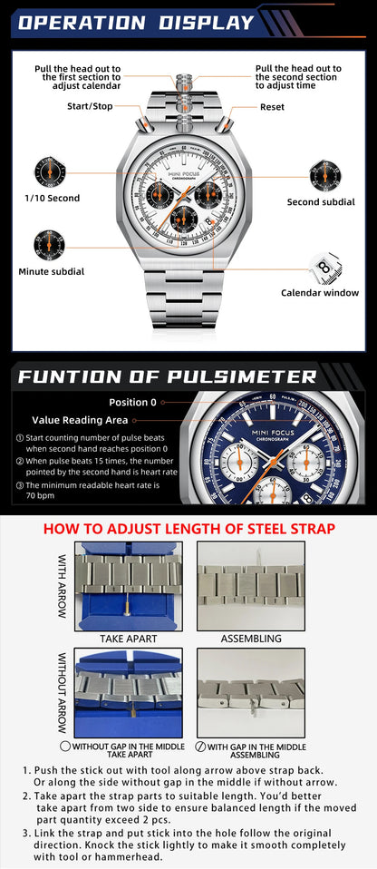 MINI FOCUS Fashion Multifunctional Quartz Watch for Men Calendar Luminous Luxury Stainless Steel Strap Bull Head Mens Watches