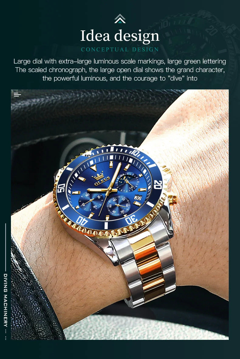 OLEVS Mens Watches Rotatable Big Face Stainless Steel Waterproof Date Analog Quartz Watches Fashion Business WristWatch for Men
