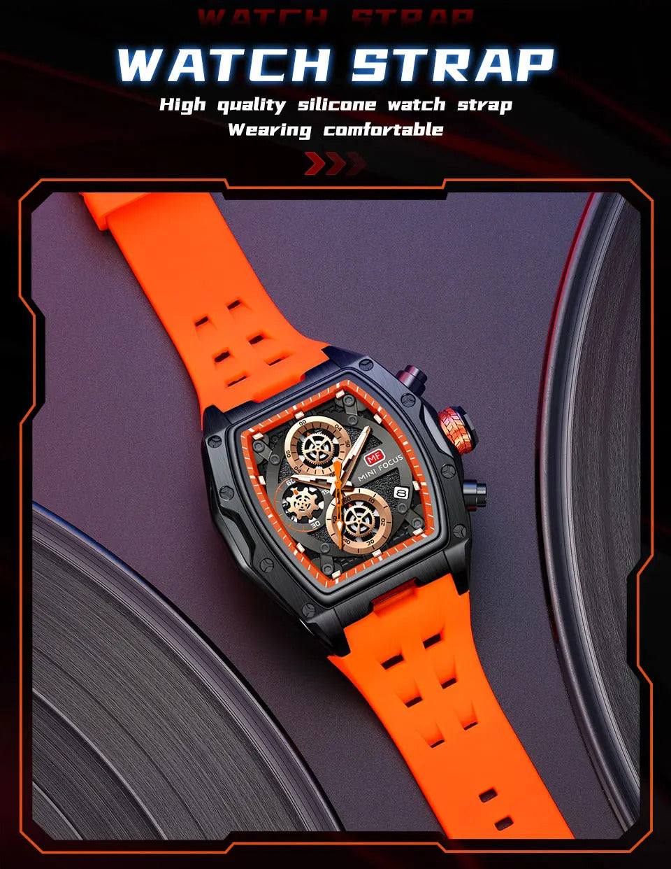 MINI FOCUS Blue Quartz Watch Men Fashion Military Sport Chronograph Wristwatch with Luminous Hands Auto Date Silicone Strap