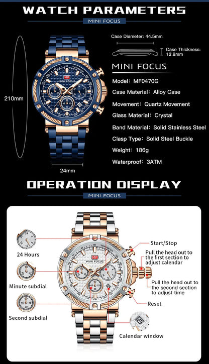 MINI FOCUS Analog Quartz Dress Watch Men Silver Blue Stainless Steel Band Chronograph Luminous Wristwatch with Date 24-hour 0470