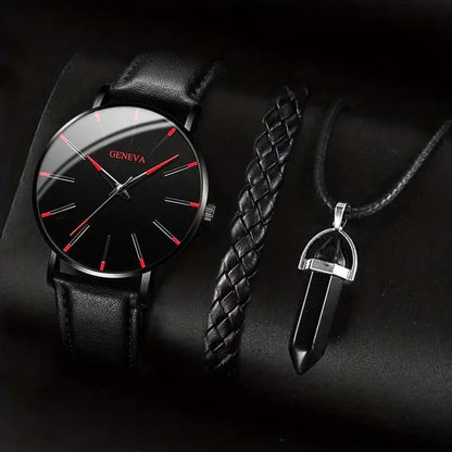 Fashion Men's Watch Casual Leather Band Quartz Wristwatch Men Business Watches Bracelet Necklace Set