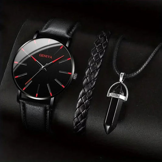 Fashion Men's Watch Casual Leather Band Quartz Wristwatch Men Business Watches Bracelet Necklace Set