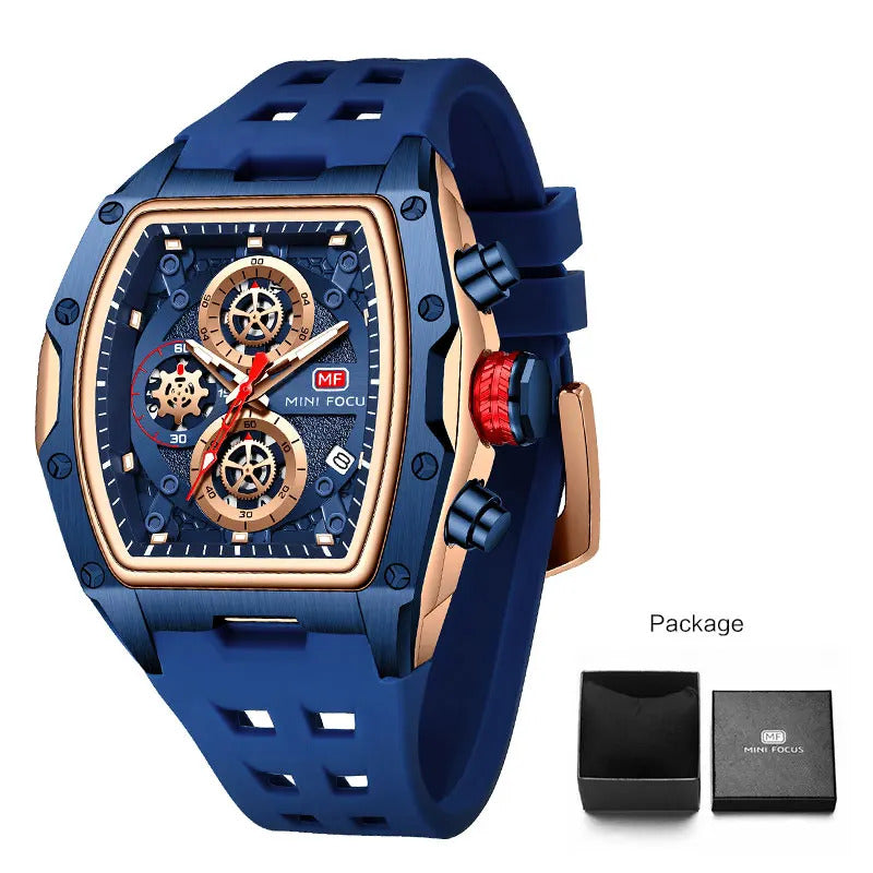 MINI FOCUS Blue Quartz Watch Men Fashion Military Sport Chronograph Wristwatch with Luminous Hands Auto Date Silicone Strap