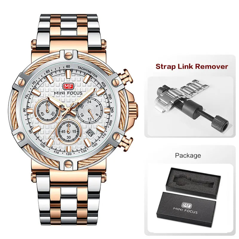 MINI FOCUS Analog Quartz Dress Watch Men Silver Blue Stainless Steel Band Chronograph Luminous Wristwatch with Date 24-hour 0470