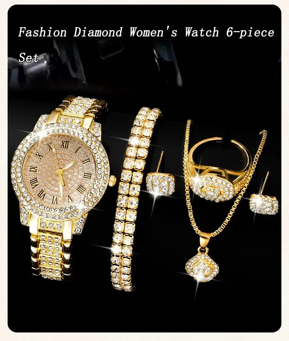 6 Pack Women's Watches Luxury Elegant Alloy Watches Women Crystal Watch Gift Quartz Watch Alloy Rhinestone Bracelet Montre