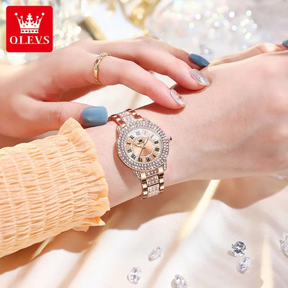 OLEVS Women's Watches Fashion Original Quartz Wrist Watch for Ladies Roman Dial Dazzling Diamond Waterproof Luminous Luxury New