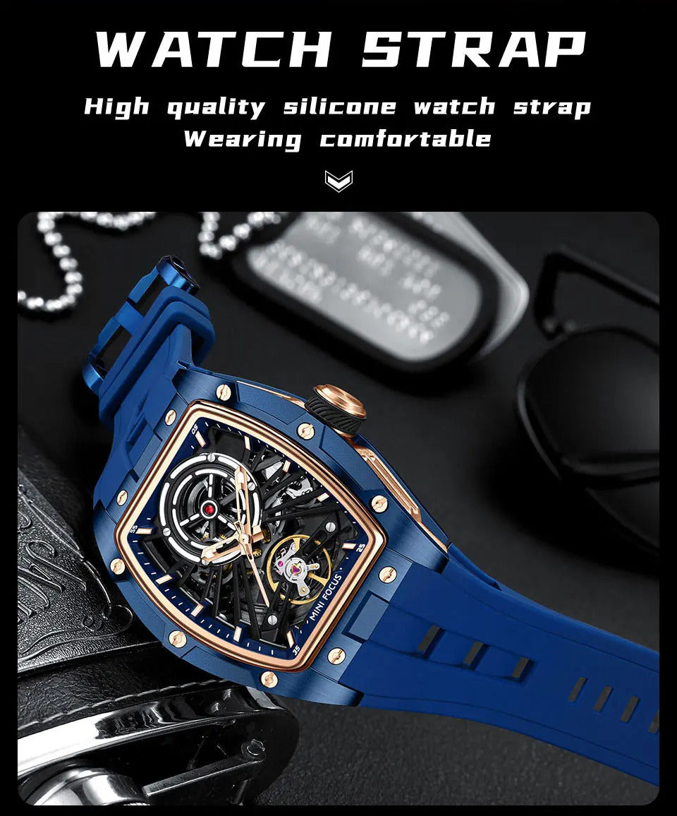 MINI FOCUS Men Wristwatch Fashion Black Waterproof Automatic Mechanical Watch with Luminous Hands Silicone Strap Tonneau Dial