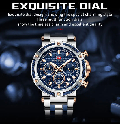 MINI FOCUS Analog Quartz Dress Watch Men Silver Blue Stainless Steel Band Chronograph Luminous Wristwatch with Date 24-hour 0470
