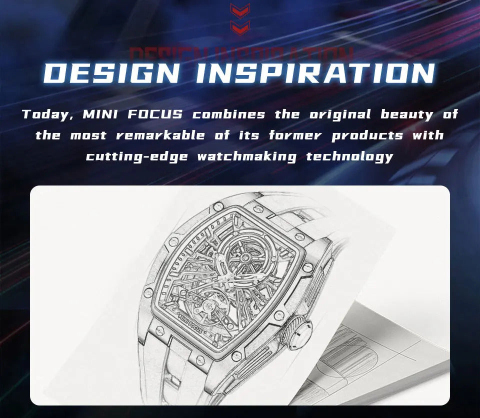 MINI FOCUS Men Wristwatch Fashion Black Waterproof Automatic Mechanical Watch with Luminous Hands Silicone Strap Tonneau Dial