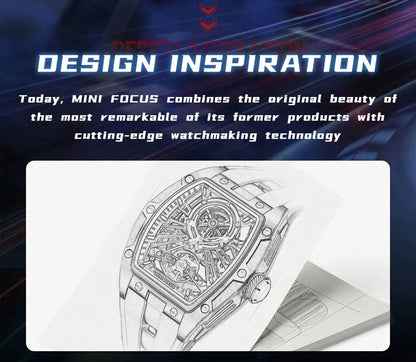 MINI FOCUS Men Wristwatch Fashion Black Waterproof Automatic Mechanical Watch with Luminous Hands Silicone Strap Tonneau Dial