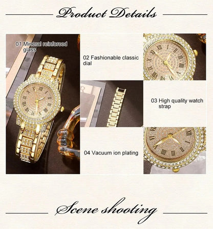 6 Pack Women's Watches Luxury Elegant Alloy Watches Women Crystal Watch Gift Quartz Watch Alloy Rhinestone Bracelet Montre