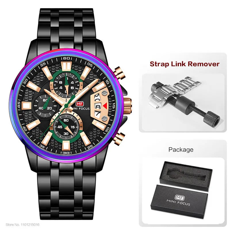 MINI FOCUS Chronograph Quartz Watch for Men with Stainless Steel Bracelet Luxury Sport Analog Wristwatch with Date Black Purple