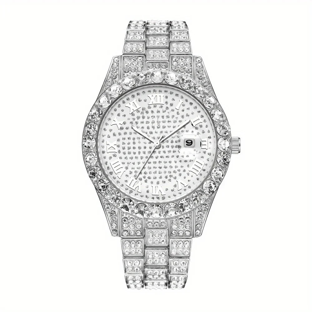 Fashion Hip-hop Cuban Bracelet & Men's Steel Band Faux Diamond Watch, Fashion Men's Watch Set