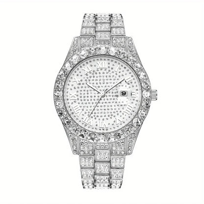 Fashion Hip-hop Cuban Bracelet & Men's Steel Band Faux Diamond Watch, Fashion Men's Watch Set