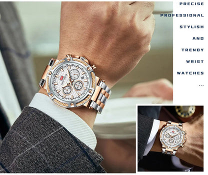MINI FOCUS Analog Quartz Dress Watch Men Silver Blue Stainless Steel Band Chronograph Luminous Wristwatch with Date 24-hour 0470