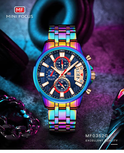 MINI FOCUS Chronograph Quartz Watch for Men with Stainless Steel Bracelet Luxury Sport Analog Wristwatch with Date Black Purple