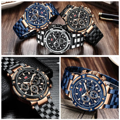 MINI FOCUS Analog Quartz Dress Watch Men Silver Blue Stainless Steel Band Chronograph Luminous Wristwatch with Date 24-hour 0470