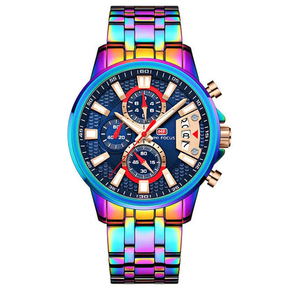 MINI FOCUS Chronograph Quartz Watch for Men with Stainless Steel Bracelet Luxury Sport Analog Wristwatch with Date Black Purple